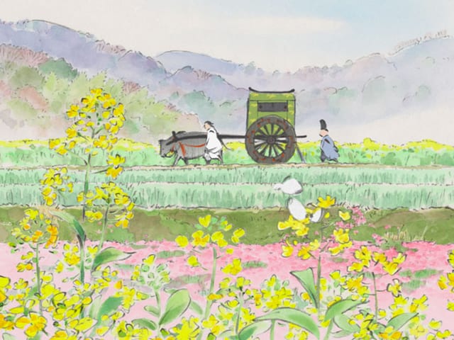 Landschaft in Pastelltönen: Blumen, Berge und ein Wagen, der von Tieren gezogen wird. Landschaft in Pastelltönen: Blumen, Berge und ein Wagen, der von Tieren gezogen wird.