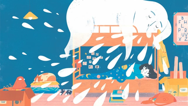 Illustration: Ein Mädchen liegt unten in einem Kajüttenbett. Im obern Bett schläft ein grosses weisses Wesen, das weisse Tropfen versprüht. Illustration: Ein Mädchen liegt unten in einem Kajüttenbett. Im obern Bett schläft ein grosses weisses Wesen, das weisse Tropfen versprüht.