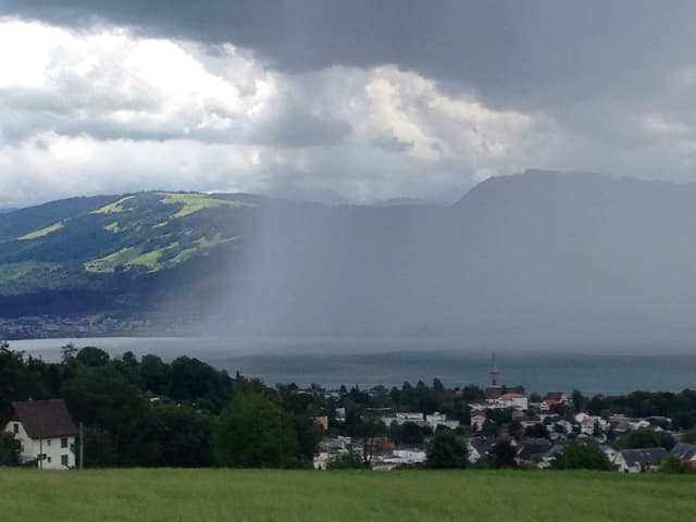 Eine Wiese im Vordergrund, kräftiger Regen über dem See.