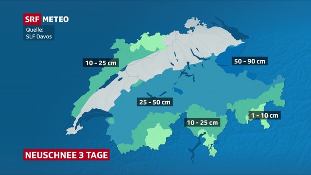 Karte mit den Neuschneehöhen der letzten drei Tage. Karte mit den Neuschneehöhen der letzten drei Tage.