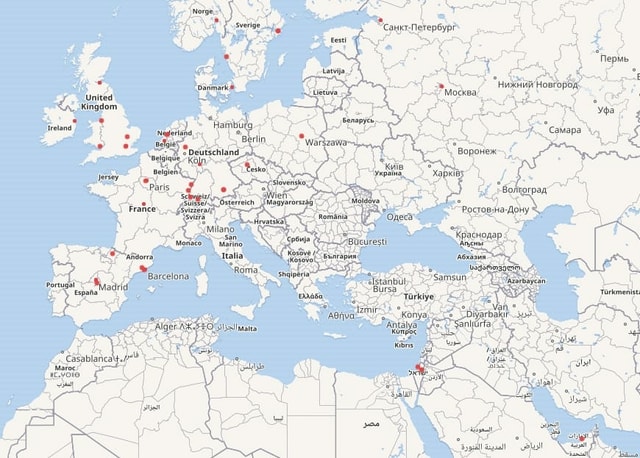 Europakarte mit Punkten, die für ein Museum mit Werken Picassos stehen. Europakarte mit Punkten, die für ein Museum mit Werken Picassos stehen.