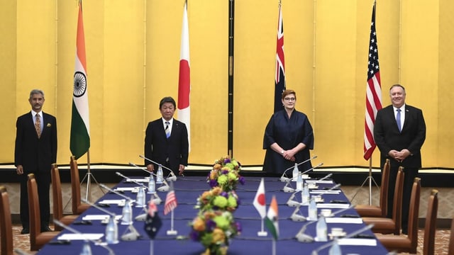 «Quad»-Treffen der Aussenminister in Tokio am 6. Oktober 2020: Subrahmanyam Jaishankar (Indien),  Toshimitsu Motegi (Japan), Marise Payne (Australien) und US-Staatssekretär Mike Pompeo.