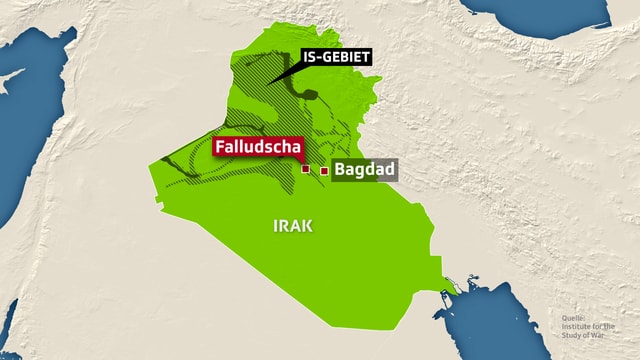 Karte, auf der die vom IS besetzten Gebiet im Irak und die Stadt Falludscha eingezeichnet ist. Karte, auf der die vom IS besetzten Gebiet im Irak und die Stadt Falludscha eingezeichnet ist.