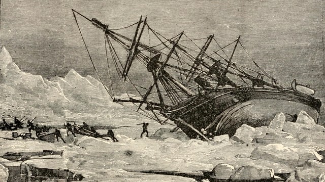 Zeichung: Ein grosses Segelschiff umgekippt in einer Eislandschaft. Zeichung: Ein grosses Segelschiff umgekippt in einer Eislandschaft.