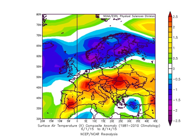 Skandinavien erscheint auf der Karte blau, der Alpenraum dagegen orange und rot. Skandinavien erscheint auf der Karte blau, der Alpenraum dagegen orange und rot.
