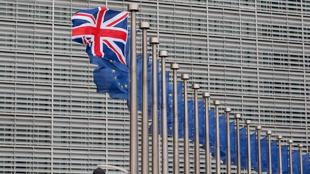 Britische vor mehreren EU-Flaggen Britische vor mehreren EU-Flaggen