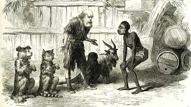 Eine Illustration: Robinson Crusoe mit einem Einheimischen. Eine Illustration: Robinson Crusoe mit einem Einheimischen.