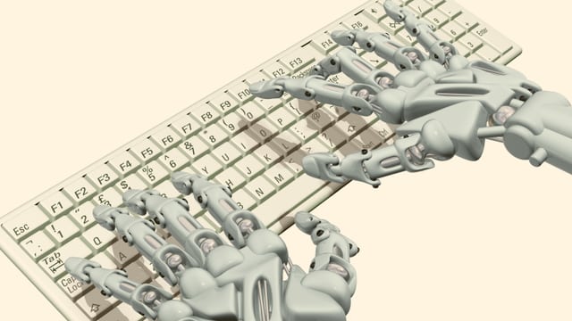 Roboterhände auf einer Tastatur Roboterhände auf einer Tastatur