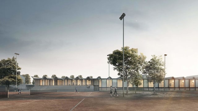 Computerbild Tennisplätze und Neubau im Hintergrund. Computerbild Tennisplätze und Neubau im Hintergrund.