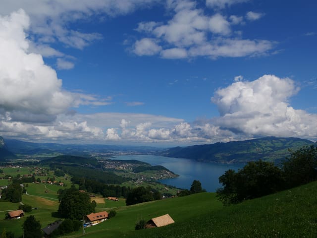 Von einem grünen Hang sieht man hinunter auf den blauen Thunersee und das Mittelland dahinter. Der Himmel ist blau mit Wolken am Himmel. Von einem grünen Hang sieht man hinunter auf den blauen Thunersee und das Mittelland dahinter. Der Himmel ist blau mit Wolken am Himmel.