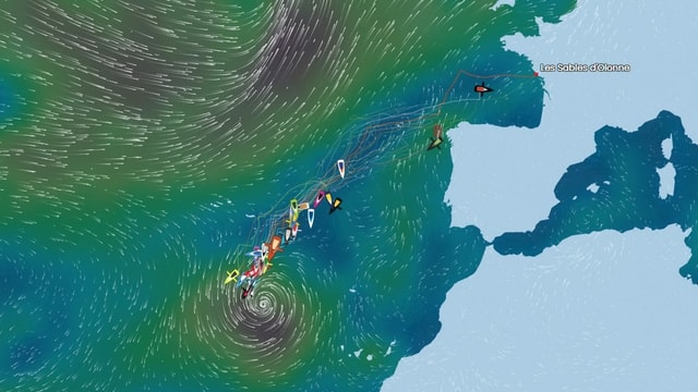 Eine Tracking-Karte zeigt den Atlantik und die Segelboote, die auf den Sturm Theta zusteuern. Eine Tracking-Karte zeigt den Atlantik und die Segelboote, die auf den Sturm Theta zusteuern.