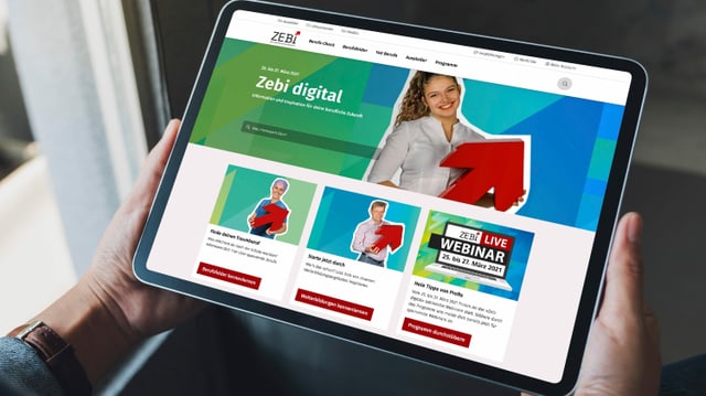 Tablet auf der die Internetseite der Zebi angezeigt wird. Tablet auf der die Internetseite der Zebi angezeigt wird.
