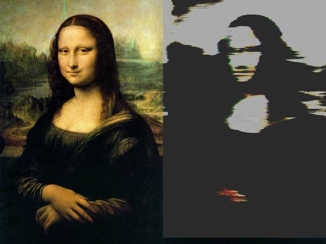 Zweimal die Mona Lisa, einmal im Original und einmal mit Bildstörungen. Zweimal die Mona Lisa, einmal im Original und einmal mit Bildstörungen.