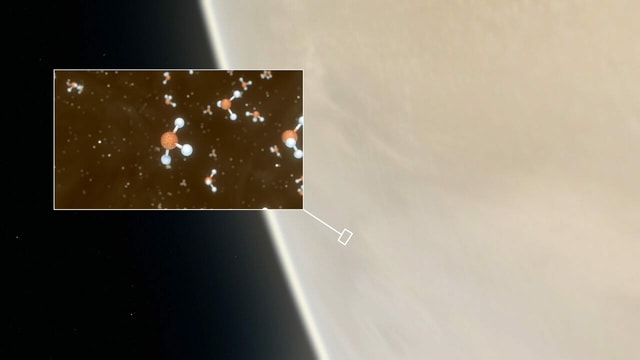 Aufnahme des Planeten Venus mit vergrössert eingeblendeten Molekülen. Aufnahme des Planeten Venus mit vergrössert eingeblendeten Molekülen.