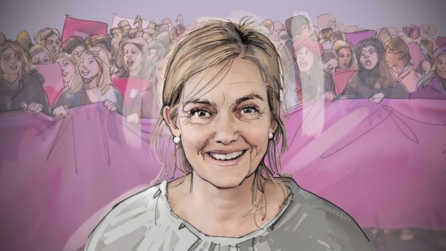 Porträt-Illustration: eine Frau, im Hintergrund sind streikende Frauen. Porträt-Illustration: eine Frau, im Hintergrund sind streikende Frauen.