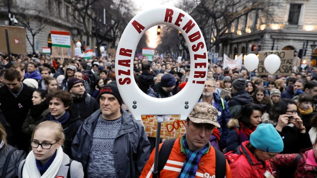 Demonstranten ziehen durch eine Strasse. Einer von ihnen hält eine Klobrille mit einer Aufschrift. Demonstranten ziehen durch eine Strasse. Einer von ihnen hält eine Klobrille mit einer Aufschrift.