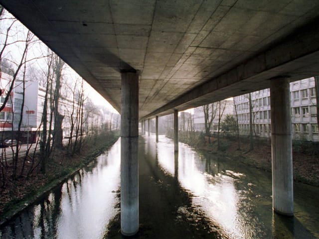 Blick von unten auf die Betonsäulen in der Sihl, die die darüberliegende Autobahn stützen. Blick von unten auf die Betonsäulen in der Sihl, die die darüberliegende Autobahn stützen.
