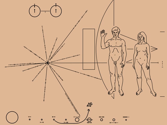 Zwei nackte Menschen und Schema des Sonnensystems auf den Pioneer-Plaketten. Zwei nackte Menschen und Schema des Sonnensystems auf den Pioneer-Plaketten.