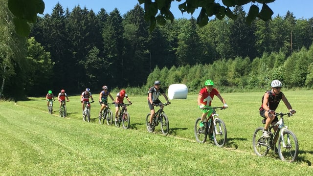 Mehrere Velofahrer durchqueeren gemeinsam ein Feld. Mehrere Velofahrer durchqueeren gemeinsam ein Feld.