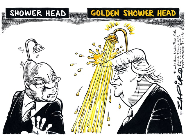 Zuma mit Duschkopf auf dem Kopf neben Trump mit goldenen Duschkopf und Goldwasser, das auf ihn sprudelt. Zuma mit Duschkopf auf dem Kopf neben Trump mit goldenen Duschkopf und Goldwasser, das auf ihn sprudelt.