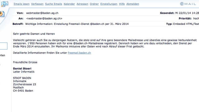 Ausschnitt der Informationsmail der Stadt Baden Ausschnitt der Informationsmail der Stadt Baden
