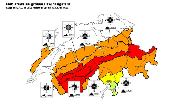 Gefahrenkarte des Schnee- und Lawinenforschungsinstitutes (SLF) vom 13. Januar. Gefahrenkarte des Schnee- und Lawinenforschungsinstitutes (SLF) vom 13. Januar.