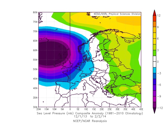 Massive negative Abweichung des Luftdruckes im Bereich zwischen Island, Irland und Schottland Massive negative Abweichung des Luftdruckes im Bereich zwischen Island, Irland und Schottland