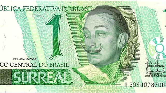Brasilianische 100-Reais-Note, gefälscht mit Porträt von Salvador Dali statt einem Bild der Republik. Brasilianische 100-Reais-Note, gefälscht mit Porträt von Salvador Dali statt einem Bild der Republik.