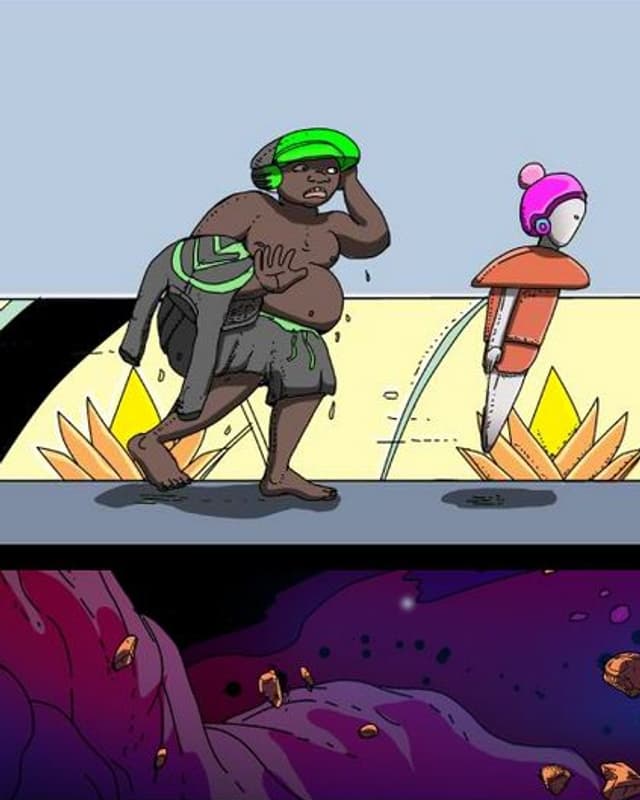 Comic: Ein Roboter fliegt vor einem Menschen her. Comic: Ein Roboter fliegt vor einem Menschen her.