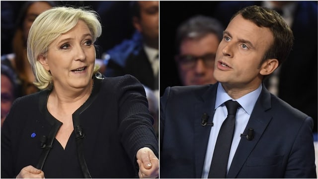 Le Pen und Macron in einer Fotocollage Le Pen und Macron in einer Fotocollage