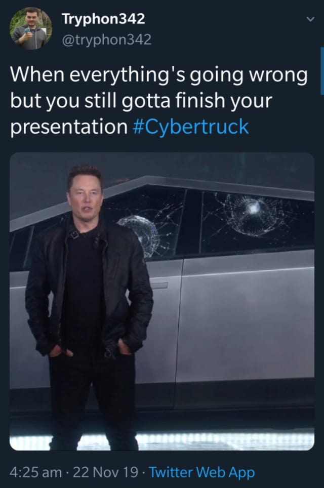 Elon Musks Cybertruck: Präsentation: Shit happens. Elon Musks Cybertruck: Präsentation: Shit happens.
