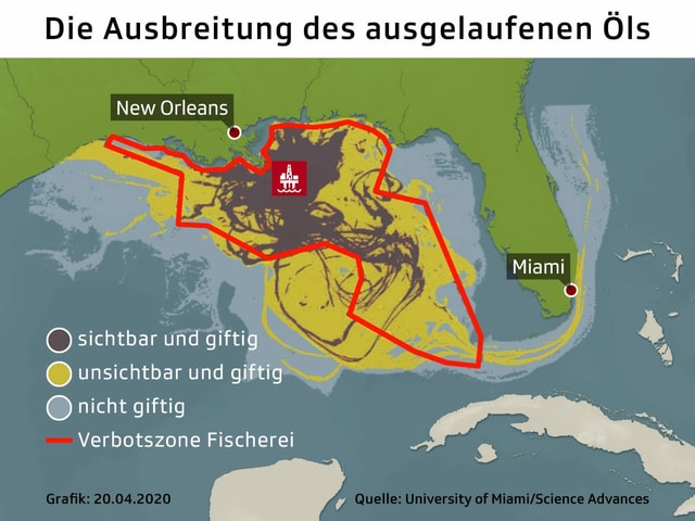 Zu sehen eine Karte, die die Öl-Katastrophe von Deepwater Horizon erklärt. Zu sehen eine Karte, die die Öl-Katastrophe von Deepwater Horizon erklärt.