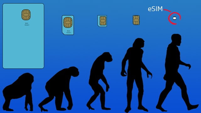 Oben SIM-Karten, die immer kleiner werden, unten der Mensch, wie er sich vom Affen zum Homo Sapiens entwickelt. Oben SIM-Karten, die immer kleiner werden, unten der Mensch, wie er sich vom Affen zum Homo Sapiens entwickelt.