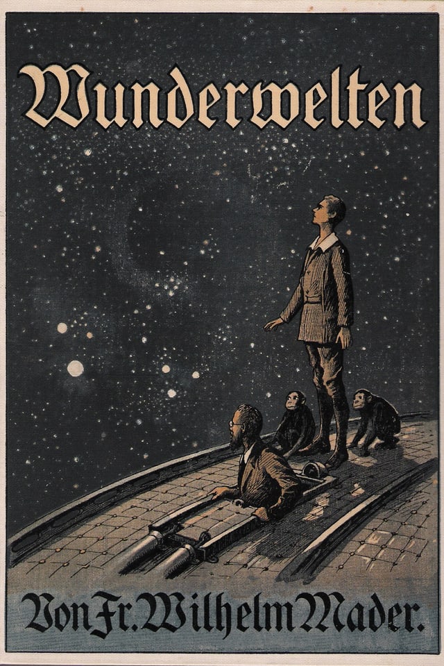 Das Buchcover von Maders «Wunderwelten». Es zeigt Menschen, die in den Himmel schauen. Sie sind umgeben von Affen. Das Buchcover von Maders «Wunderwelten». Es zeigt Menschen, die in den Himmel schauen. Sie sind umgeben von Affen.