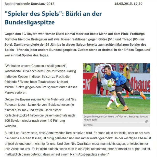Screenshot eines Kicker-Artikels über Roman Bürki Screenshot eines Kicker-Artikels über Roman Bürki