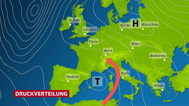 Isobarenkarte von Europa. Das Tief über dem westlichen Mittelmeet lenkt im Gegenuhrzeugersinn feuchte Lurt zur Schweiz. Isobarenkarte von Europa. Das Tief über dem westlichen Mittelmeet lenkt im Gegenuhrzeugersinn feuchte Lurt zur Schweiz.