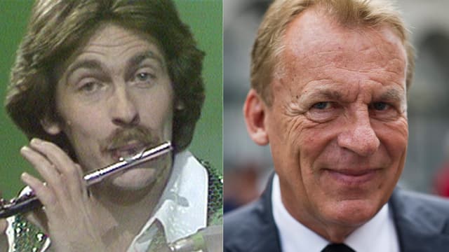 Pepe Lienhard 1977 beim Piccolo-Spielen. Und eine aktuelle Portätaufnahme von Pepe Lienhard lächelnd Pepe Lienhard 1977 beim Piccolo-Spielen. Und eine aktuelle Portätaufnahme von Pepe Lienhard lächelnd