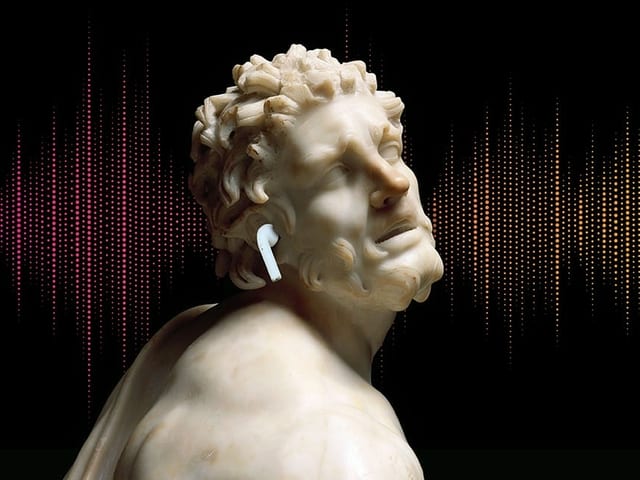 Marmorstatue mit Airpod im Ohr Marmorstatue mit Airpod im Ohr