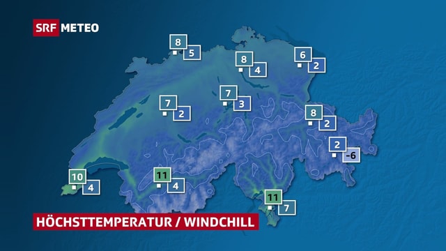 Eine Schweizkarte zeigt für verschiedene Ortschaften die Höchsttemperatur für Donnerstag sowie die gefühlte Temperatur. Eine Schweizkarte zeigt für verschiedene Ortschaften die Höchsttemperatur für Donnerstag sowie die gefühlte Temperatur.