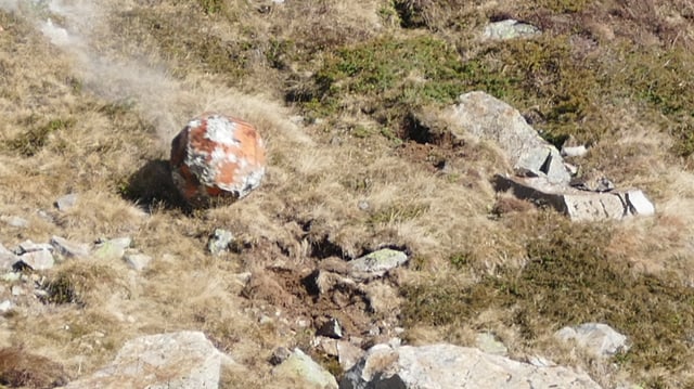 Ein künstlicher Stein rollt mit hoher Geschwindigkeit einen mit Steinen durchsetzen Grashang herunter. Ein künstlicher Stein rollt mit hoher Geschwindigkeit einen mit Steinen durchsetzen Grashang herunter.