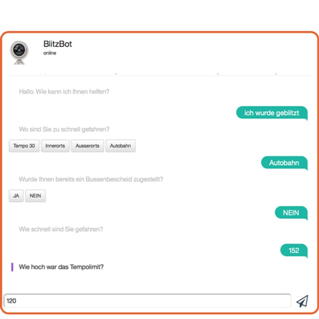Chat zwischen Blitzbot und Mitarbeiter. Chat zwischen Blitzbot und Mitarbeiter.