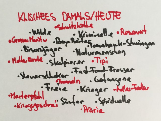 Zeichnung mit Klischees über Indianer damals und heute Zeichnung mit Klischees über Indianer damals und heute