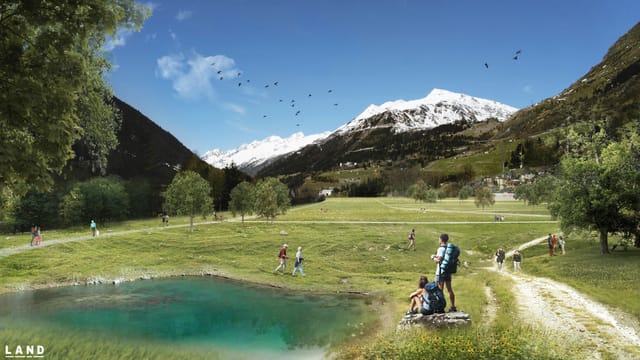 Postkarte Airolo mit grüner Wiese und Seee Postkarte Airolo mit grüner Wiese und Seee