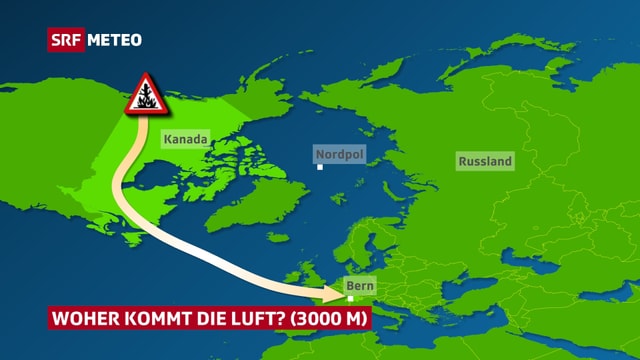 Eine Trajektorie, Linie des Windweges, zeigt wie die Rauchpartikel von Kanada in die Schweiz gelangten. Eine Trajektorie, Linie des Windweges, zeigt wie die Rauchpartikel von Kanada in die Schweiz gelangten.
