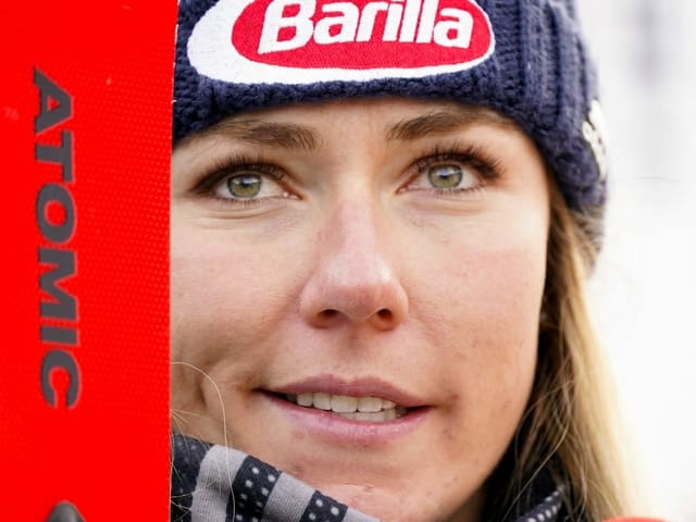 Grossaufnahme von Mikaela Shiffrin. Grossaufnahme von Mikaela Shiffrin.