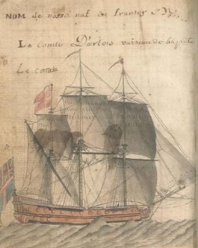 Ina pagina ord il mauscrit illustrà da Gion Casper Collenberg che mussa ina bartga dal 18avel tschientaner Ina pagina ord il mauscrit illustrà da Gion Casper Collenberg che mussa ina bartga dal 18avel tschientaner