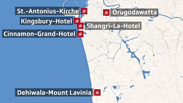Karte von den Anschlagszielen in Sri Lanka. Karte von den Anschlagszielen in Sri Lanka.
