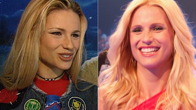 Zwei Porträtbilder von Michelle Hunziker. Das linke stammt aus 2001 und das rechte ist ein neueres. Auf beiden Fotos trägt sie die Haare offen und lächelt. Zwei Porträtbilder von Michelle Hunziker. Das linke stammt aus 2001 und das rechte ist ein neueres. Auf beiden Fotos trägt sie die Haare offen und lächelt.