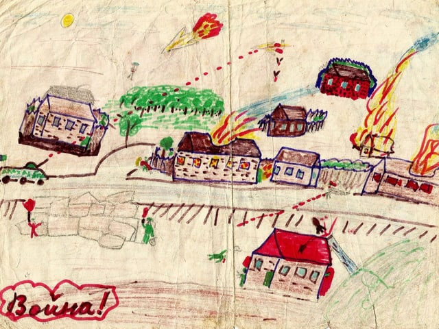 Kinderzeichnung: Ein Dorf mit einem schiessenden Panzer und brennenden Häusern. Kinderzeichnung: Ein Dorf mit einem schiessenden Panzer und brennenden Häusern.