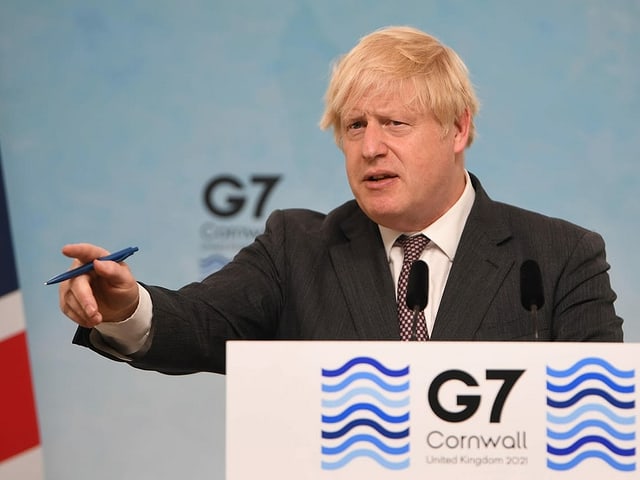 Boris Johnson bei seiner Abschlussrede am G7-Gipfel.